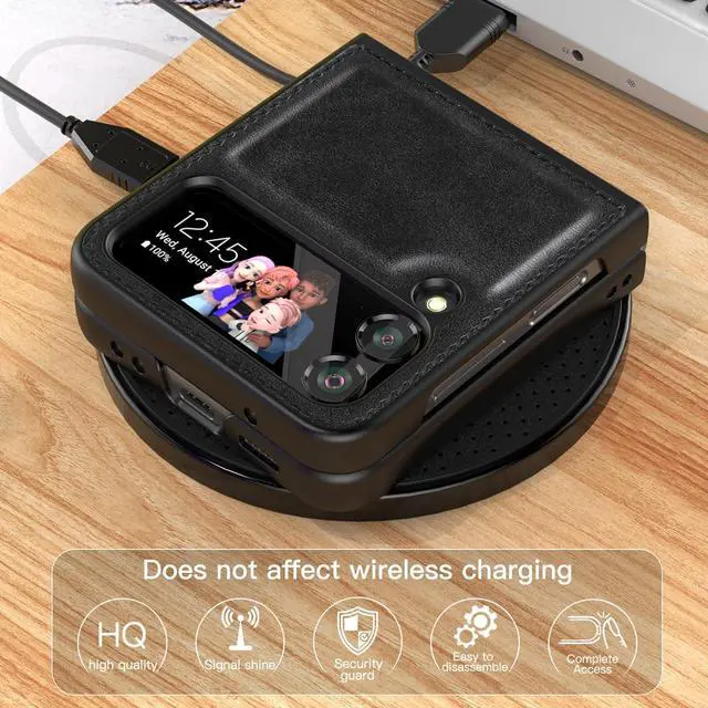 Alt view image 6 of 7 - Foluu Galaxy Z Flip 4 5G Leather Case, PU Leather + Hard PC Shell Ultra-Thin Durable Phone Cover (Black)