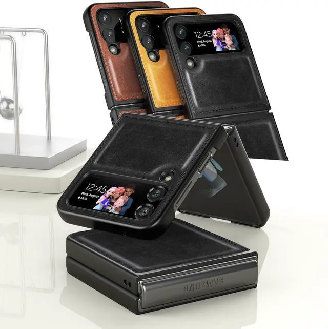 Alt view image 7 of 7 - Foluu Galaxy Z Flip 4 5G Leather Case, PU Leather + Hard PC Shell Ultra-Thin Durable Phone Cover (Black)