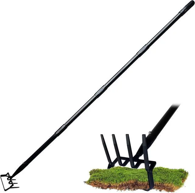 Main image of 4-Tines Rake and Stirrup Hoe - Adjustable Long Handle Scuffle Loop Hula Action Hoe for Weeding, Digging, Loosening Soil, Stainless Steel Tiller Cultivator for Gardening, Raised Flower Beds Planting.