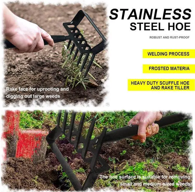 Alt view image 5 of 7 - 4-Tines Rake and Stirrup Hoe - Adjustable Long Handle Scuffle Loop Hula Action Hoe for Weeding, Digging, Loosening Soil, Stainless Steel Tiller Cultivator for Gardening, Raised Flower Beds Planting.