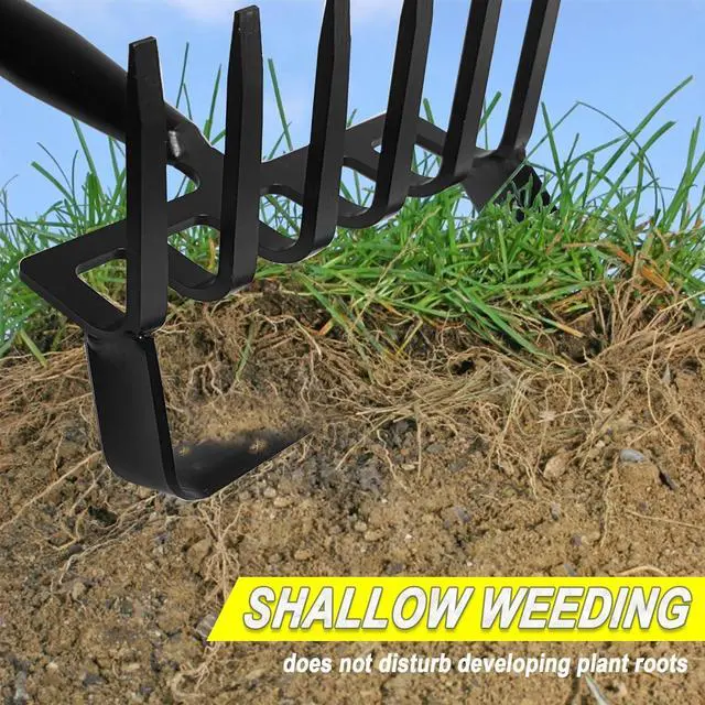 Alt view image 4 of 7 - 4-Tines Rake and Stirrup Hoe - Adjustable Long Handle Scuffle Loop Hula Action Hoe for Weeding, Digging, Loosening Soil, Stainless Steel Tiller Cultivator for Gardening, Raised Flower Beds Planting.
