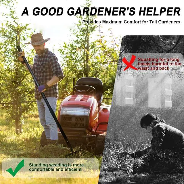 Alt view image 7 of 7 - 4-Tines Rake and Stirrup Hoe - Adjustable Long Handle Scuffle Loop Hula Action Hoe for Weeding, Digging, Loosening Soil, Stainless Steel Tiller Cultivator for Gardening, Raised Flower Beds Planting.