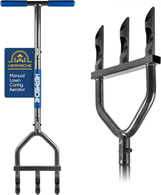 Main image of Lawn Aerator Coring Tool, Manual Plug Core Aerators with 3 Half-Open Hollow Slot Tines, Heavy Duty Grass Aeration Tool for Soils Yard Garden