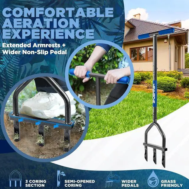 Alt view image 5 of 7 - Lawn Aerator Coring Tool, Manual Plug Core Aerators with 3 Half-Open Hollow Slot Tines, Heavy Duty Grass Aeration Tool for Soils Yard Garden