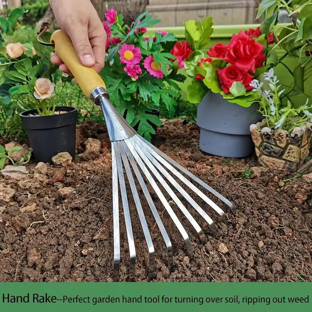 Alt view image 2 of 6 - Hand Rakes, Garden Stainless Steel Hand Rake Soil Tiller with Ergonomic Handle, Small Leaf Rakes Great for Gardening, Garden Sweep Yard Flower Beds Tool