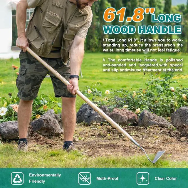 Alt view image 4 of 6 - Berry&Bird Swoe Garden Hoe, 61.8'' Stainless Steel Long Handled 3 Edge Hoe with Wooden Hand, Mini Angled/Warren Hoe, Soil Cultivator Weeding Tool for Grass Flower Backyard