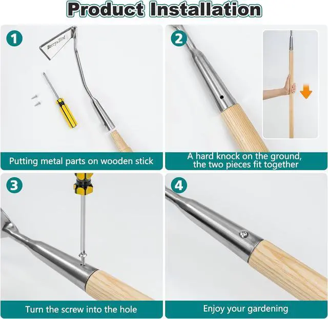 Alt view image 6 of 6 - Berry&Bird Swoe Garden Hoe, 61.8'' Stainless Steel Long Handled 3 Edge Hoe with Wooden Hand, Mini Angled/Warren Hoe, Soil Cultivator Weeding Tool for Grass Flower Backyard