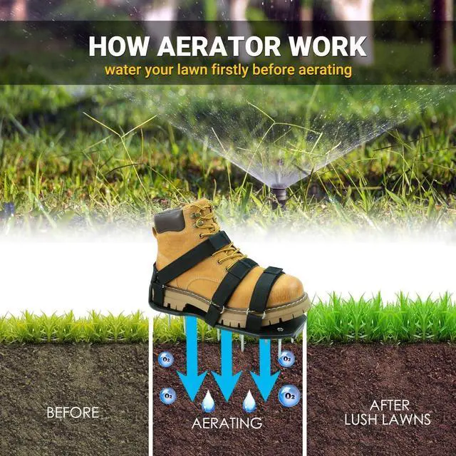 Alt view image 3 of 7 - Lawn Aerator Shoes with Hook & Loop Straps for Effectively Aerating Lawn Soil, One Size Fits All Free-Installation Heavy Duty Spiked Sandals Shoes for Yard Garden Patio Grass, Black