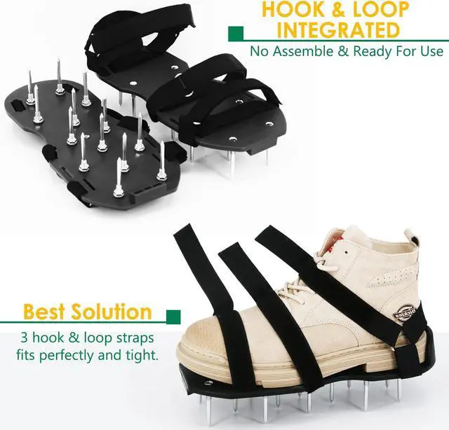 Alt view image 4 of 7 - Lawn Aerator Shoes with Hook & Loop Straps for Effectively Aerating Lawn Soil, One Size Fits All Free-Installation Heavy Duty Spiked Sandals Shoes for Yard Garden Patio Grass, Black