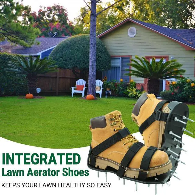 Alt view image 5 of 7 - Lawn Aerator Shoes with Hook & Loop Straps for Effectively Aerating Lawn Soil, One Size Fits All Free-Installation Heavy Duty Spiked Sandals Shoes for Yard Garden Patio Grass, Black