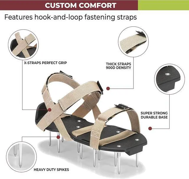 Alt view image 2 of 7 - Lawn Aerator Shoes with Hook-and-Loop Straps, Pre-Assembled, Fully Adjustable, One-Size-Fits-All  Lawn and Garden Tool Reduces Thatch, Revives Soil Health (Camel)