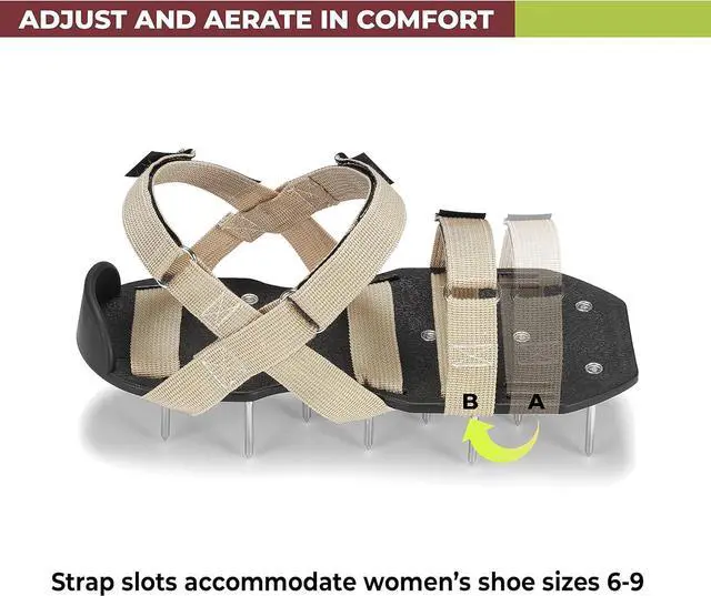 Alt view image 3 of 7 - Lawn Aerator Shoes with Hook-and-Loop Straps, Pre-Assembled, Fully Adjustable, One-Size-Fits-All  Lawn and Garden Tool Reduces Thatch, Revives Soil Health (Camel)