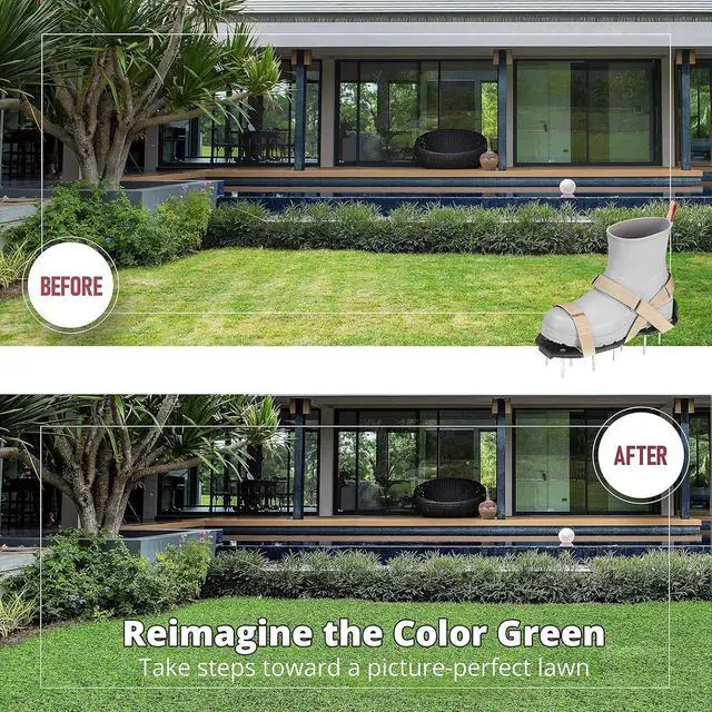 Alt view image 4 of 7 - Lawn Aerator Shoes with Hook-and-Loop Straps, Pre-Assembled, Fully Adjustable, One-Size-Fits-All  Lawn and Garden Tool Reduces Thatch, Revives Soil Health (Camel)