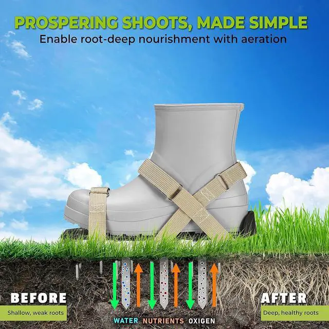 Alt view image 6 of 7 - Lawn Aerator Shoes with Hook-and-Loop Straps, Pre-Assembled, Fully Adjustable, One-Size-Fits-All  Lawn and Garden Tool Reduces Thatch, Revives Soil Health (Camel)