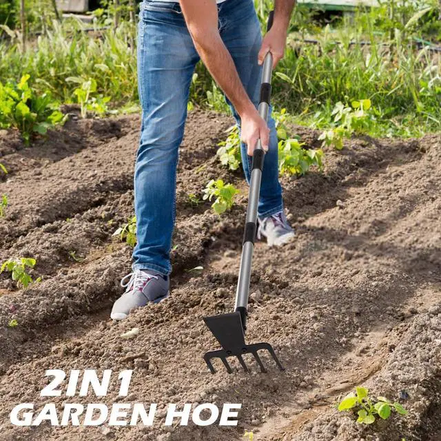 Alt view image 2 of 7 - Walensee 2 in 1 Hoe Garden Tool, 63 Inch Garden Hoe Cultivator and 5-Tines Rake with 37-63 Inch Adjustable Long Handle, Weeding Tools Hand Tiller for Yard Lawn Flower Beds Planting Gardening Digging