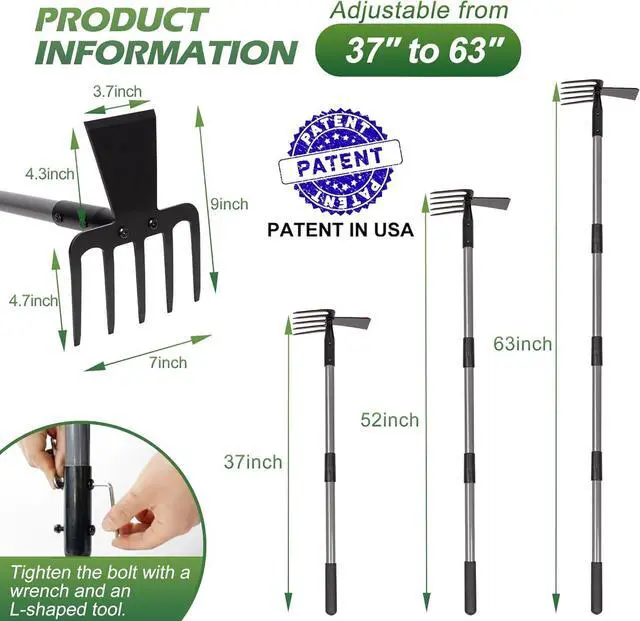 Alt view image 3 of 7 - Walensee 2 in 1 Hoe Garden Tool, 63 Inch Garden Hoe Cultivator and 5-Tines Rake with 37-63 Inch Adjustable Long Handle, Weeding Tools Hand Tiller for Yard Lawn Flower Beds Planting Gardening Digging