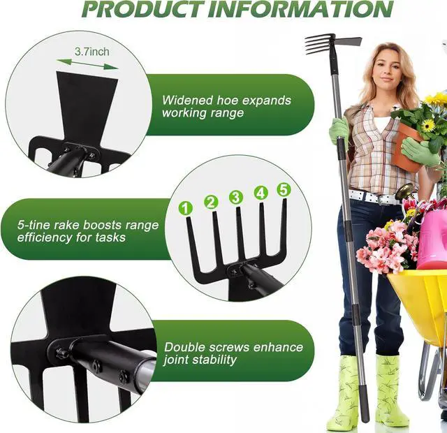 Alt view image 5 of 7 - Walensee 2 in 1 Hoe Garden Tool, 63 Inch Garden Hoe Cultivator and 5-Tines Rake with 37-63 Inch Adjustable Long Handle, Weeding Tools Hand Tiller for Yard Lawn Flower Beds Planting Gardening Digging