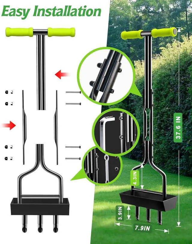 Alt view image 2 of 7 - Lawn Aerator Garden Tool with Soil Core Tray, 38 Manual Grass Plug Aerators & A Cleaning Tool, Coring Aeration Tools with 3 Tines for Gardening, Soil Compaction, Lawn Yard Care, Patented Green