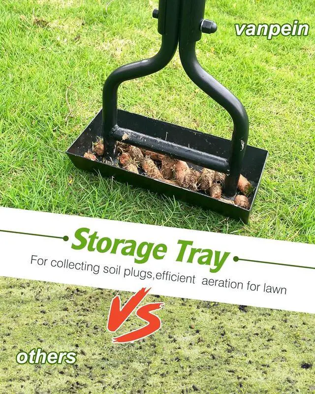 Alt view image 3 of 7 - Lawn Aerator Garden Tool with Soil Core Tray, 38 Manual Grass Plug Aerators & A Cleaning Tool, Coring Aeration Tools with 3 Tines for Gardening, Soil Compaction, Lawn Yard Care, Patented Green