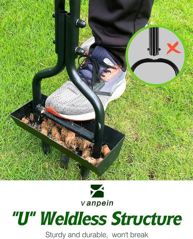 Alt view image 4 of 7 - Lawn Aerator Garden Tool with Soil Core Tray, 38 Manual Grass Plug Aerators & A Cleaning Tool, Coring Aeration Tools with 3 Tines for Gardening, Soil Compaction, Lawn Yard Care, Patented Green