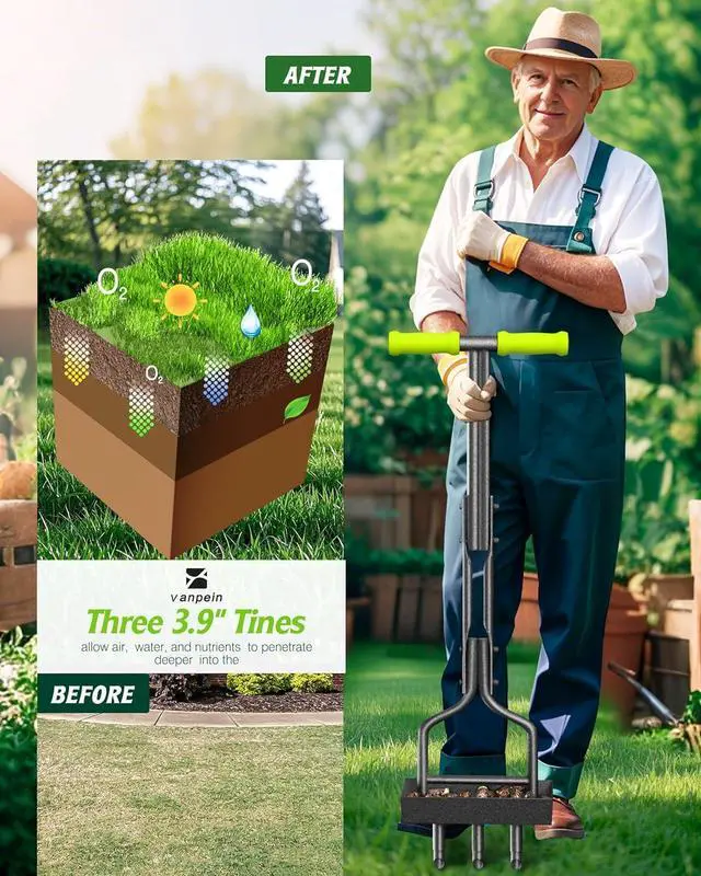 Alt view image 5 of 7 - Lawn Aerator Garden Tool with Soil Core Tray, 38 Manual Grass Plug Aerators & A Cleaning Tool, Coring Aeration Tools with 3 Tines for Gardening, Soil Compaction, Lawn Yard Care, Patented Green