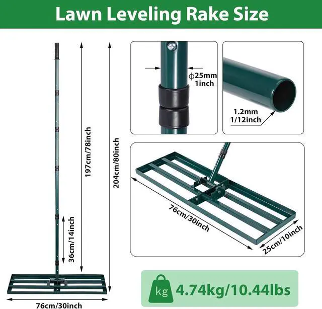 Alt view image 2 of 7 - Lawn Leveling Rake,Stainless Steel Lawn Leveler with 30x10 Ground Plate, 78 Adjustable Long Handle, Level Yard Tool for Grass, Golf Field, Level Soil or Dirt Ground Surfaces-Green