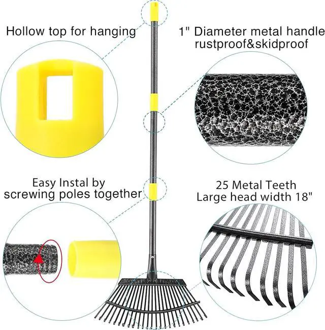 Alt view image 3 of 7 - Collapsible Rake for Leaves, 30-66 inch Metal Leaf Rakes for Lawns Heavy Duty Extended Handle, 25 Tines 18" Wide Rake Garden Tools for Camping, Yard, Landscape, Pine Needle and Grass