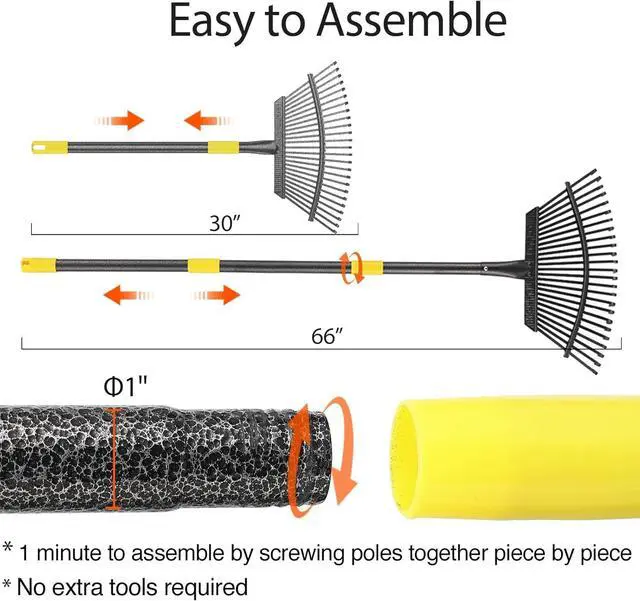 Alt view image 5 of 7 - Collapsible Rake for Leaves, 30-66 inch Metal Leaf Rakes for Lawns Heavy Duty Extended Handle, 25 Tines 18" Wide Rake Garden Tools for Camping, Yard, Landscape, Pine Needle and Grass