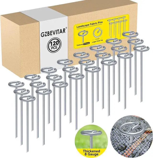 Main image of Landscape Fabric Pins, Thickened 8 Gauge Circle Top Landscape Pins-120 Pcs, Not Easy to Bend 6 inch Galvanized Landscape Fabric Stakes, More Holding Power Than U-Shape Garden Staples(120)