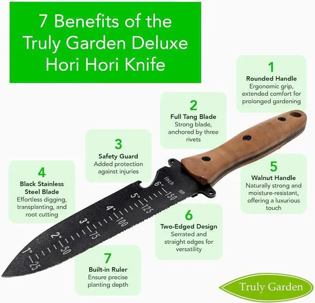 Alt view image 2 of 7 - Deluxe XL Hori Hori Garden Knife with Thick Leather Sheath and Black Stainless Steel Blade