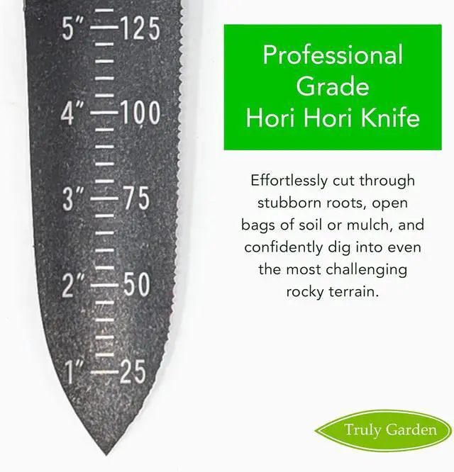 Alt view image 3 of 7 - Deluxe XL Hori Hori Garden Knife with Thick Leather Sheath and Black Stainless Steel Blade