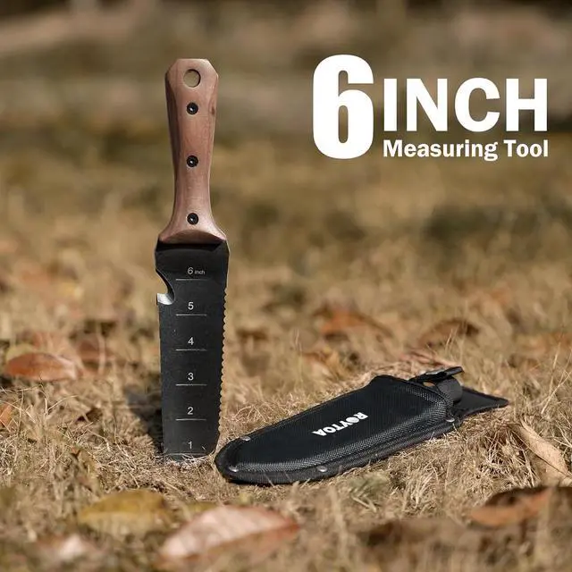 Alt view image 6 of 7 - Hori Hori Garden Knife, Garden Tools with Sheath for Weeding,Planting,Digging, 7" Stainless Steel Blade with Cutting Edge, Full-Tang Walnut Wood Handle with Hanging Hole
