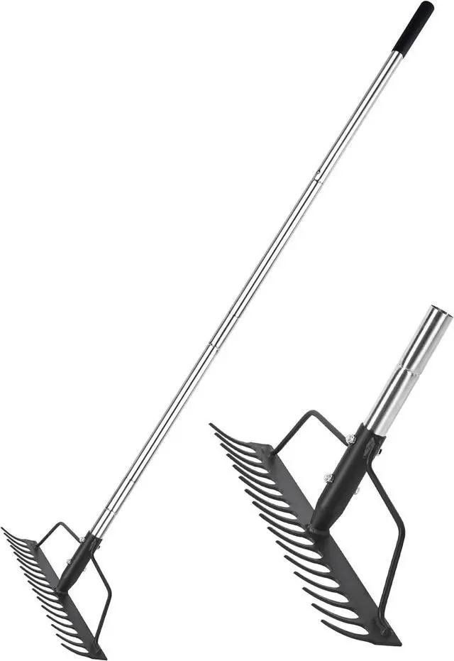 Main image of 15 Inch Wide Bow Rake, 16 Steel Tines Metal Head Rake Tool with Stainless Steel Handle, Adjustable Long Handle Garden Rake for Loosening Soil Leveling Mulch Gathering Lawns Leaves