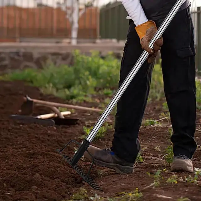 Alt view image 2 of 7 - 15 Inch Wide Bow Rake, 16 Steel Tines Metal Head Rake Tool with Stainless Steel Handle, Adjustable Long Handle Garden Rake for Loosening Soil Leveling Mulch Gathering Lawns Leaves