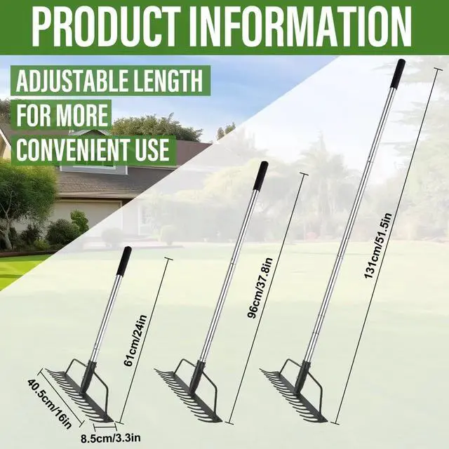 Alt view image 3 of 7 - 15 Inch Wide Bow Rake, 16 Steel Tines Metal Head Rake Tool with Stainless Steel Handle, Adjustable Long Handle Garden Rake for Loosening Soil Leveling Mulch Gathering Lawns Leaves