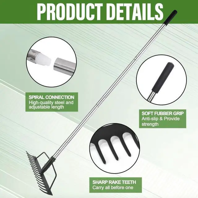 Alt view image 4 of 7 - 15 Inch Wide Bow Rake, 16 Steel Tines Metal Head Rake Tool with Stainless Steel Handle, Adjustable Long Handle Garden Rake for Loosening Soil Leveling Mulch Gathering Lawns Leaves