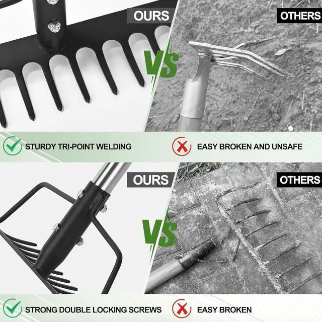 Alt view image 6 of 7 - 15 Inch Wide Bow Rake, 16 Steel Tines Metal Head Rake Tool with Stainless Steel Handle, Adjustable Long Handle Garden Rake for Loosening Soil Leveling Mulch Gathering Lawns Leaves