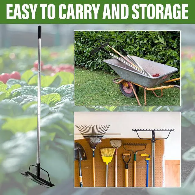 Alt view image 7 of 7 - 15 Inch Wide Bow Rake, 16 Steel Tines Metal Head Rake Tool with Stainless Steel Handle, Adjustable Long Handle Garden Rake for Loosening Soil Leveling Mulch Gathering Lawns Leaves