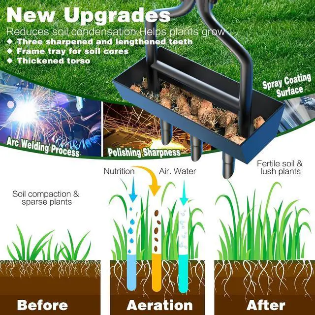 Alt view image 3 of 7 - Lawn Aerator Coring Tool with Soil Corer Collector, Manual Lawn Coring Aerator 3 Core with Slope, Plug Aeration Heavy Duty Plug Core Aeration Tool for Lawns Garden Compacted Soils and Lawn Yard