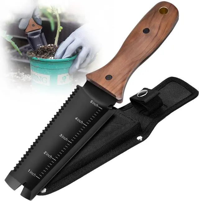 Main image of Hori Hori Garden Knife, Garden Tools with Sheath, 6" Stainless Steel Blade with Cutting Edge, Full-Tang Walnut Ergonomic Wood Handle with Hanging Hole, Weeding, Planting, Digging