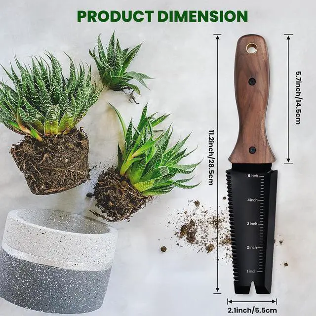 Alt view image 3 of 7 - Hori Hori Garden Knife, Garden Tools with Sheath, 6" Stainless Steel Blade with Cutting Edge, Full-Tang Walnut Ergonomic Wood Handle with Hanging Hole, Weeding, Planting, Digging