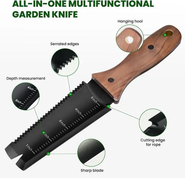 Alt view image 4 of 7 - Hori Hori Garden Knife, Garden Tools with Sheath, 6" Stainless Steel Blade with Cutting Edge, Full-Tang Walnut Ergonomic Wood Handle with Hanging Hole, Weeding, Planting, Digging
