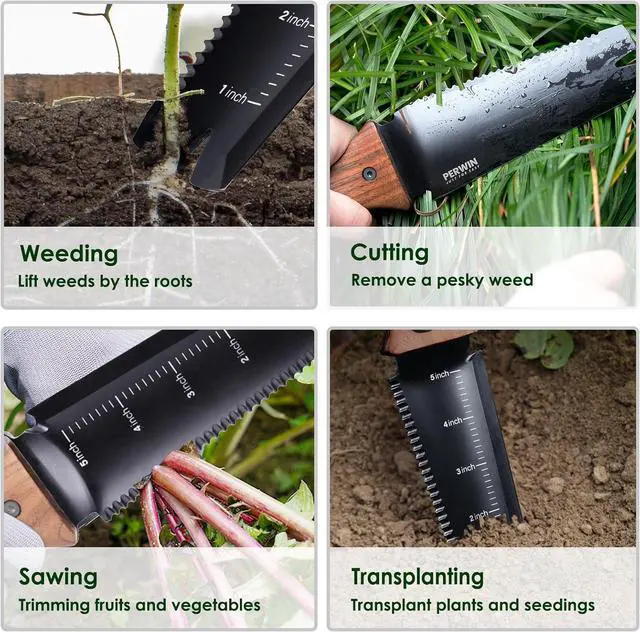 Alt view image 5 of 7 - Hori Hori Garden Knife, Garden Tools with Sheath, 6" Stainless Steel Blade with Cutting Edge, Full-Tang Walnut Ergonomic Wood Handle with Hanging Hole, Weeding, Planting, Digging