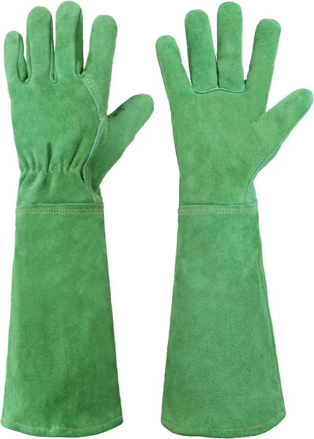 Main image of HANDLANDY Ladies Leather Gardening Gloves, Thorn Proof Long Gauntlet Heavy Duty Garden Gloves, Elbow Length Women Rose Pruning Gloves (Medium, Green)