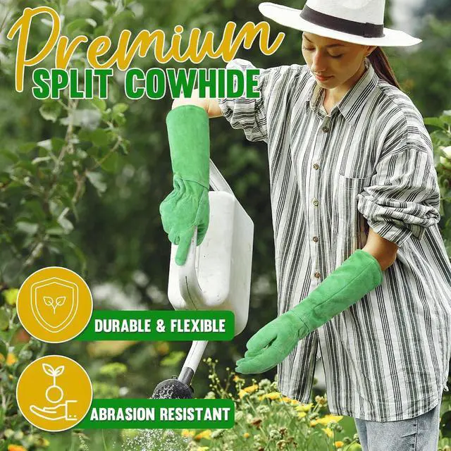 Alt view image 2 of 7 - HANDLANDY Ladies Leather Gardening Gloves, Thorn Proof Long Gauntlet Heavy Duty Garden Gloves, Elbow Length Women Rose Pruning Gloves (Medium, Green)