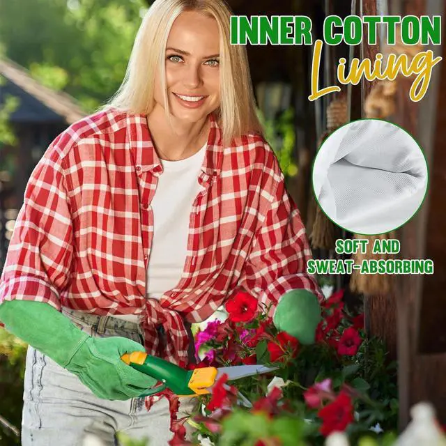 Alt view image 4 of 7 - HANDLANDY Ladies Leather Gardening Gloves, Thorn Proof Long Gauntlet Heavy Duty Garden Gloves, Elbow Length Women Rose Pruning Gloves (Medium, Green)