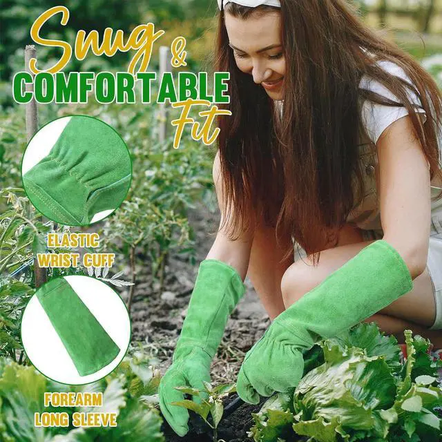 Alt view image 5 of 7 - HANDLANDY Ladies Leather Gardening Gloves, Thorn Proof Long Gauntlet Heavy Duty Garden Gloves, Elbow Length Women Rose Pruning Gloves (Medium, Green)
