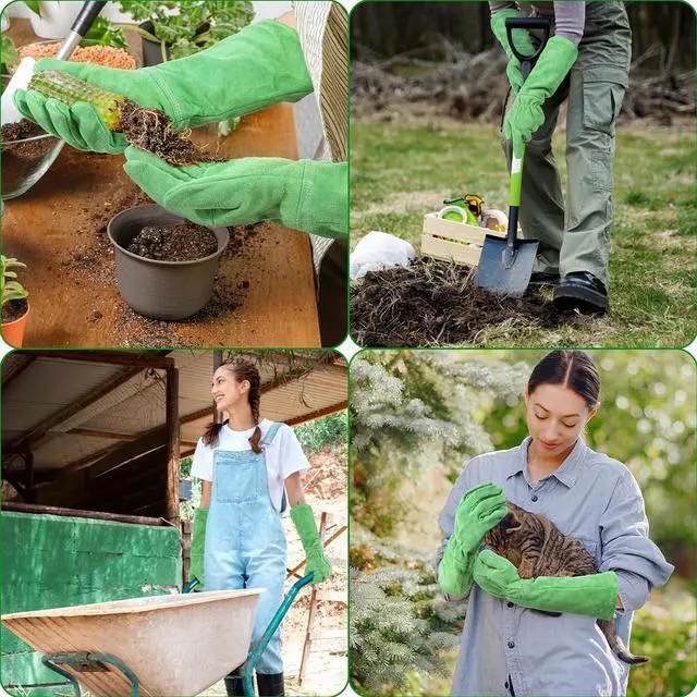 Alt view image 6 of 7 - HANDLANDY Ladies Leather Gardening Gloves, Thorn Proof Long Gauntlet Heavy Duty Garden Gloves, Elbow Length Women Rose Pruning Gloves (Medium, Green)