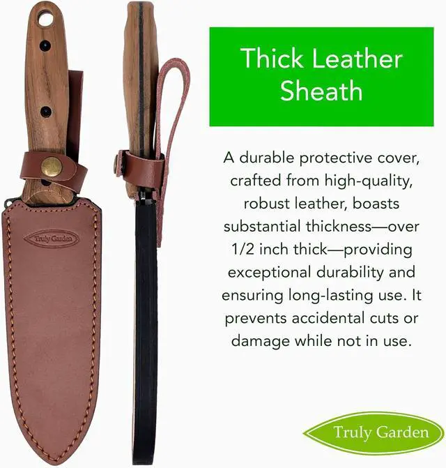 Alt view image 4 of 7 - Deluxe XL Hori Hori Garden Knife with Thick Leather Sheath and Black Stainless Steel Blade