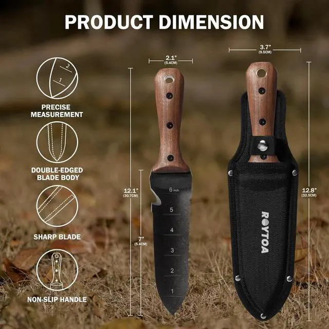 Alt view image 2 of 7 - Hori Hori Garden Knife, Garden Tools with Sheath for Weeding,Planting,Digging, 7" Stainless Steel Blade with Cutting Edge, Full-Tang Walnut Wood Handle with Hanging Hole